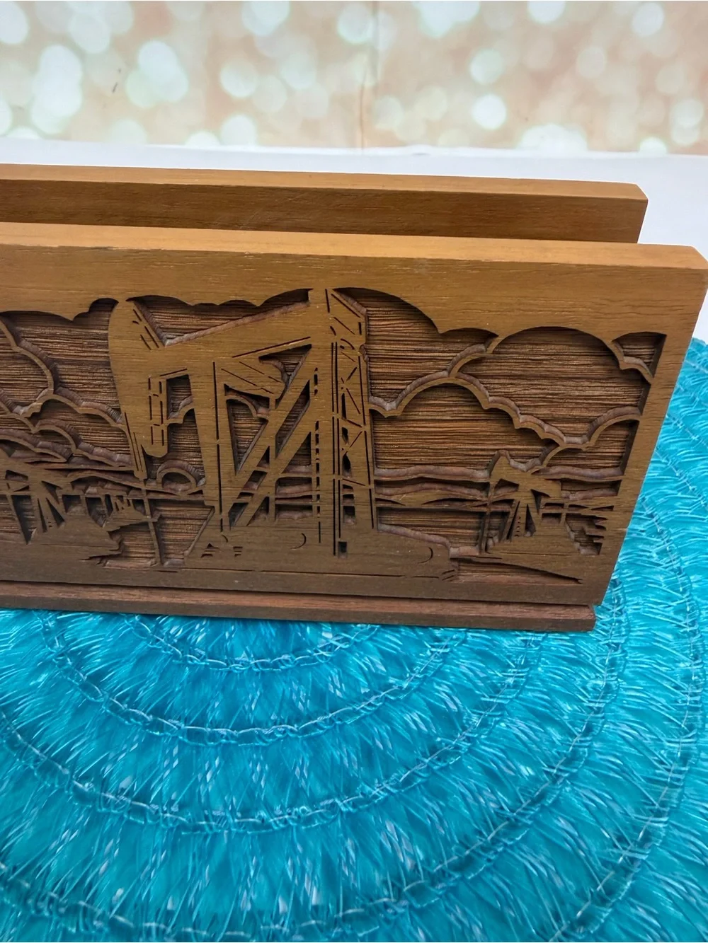 Vintage Lasercraft Walnut Wood Letter Holder Oilwell